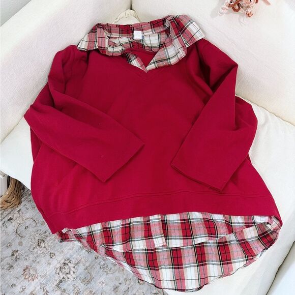 Vintage Red Plaid Layered Long Sleeve Top - Picture 1 of 4